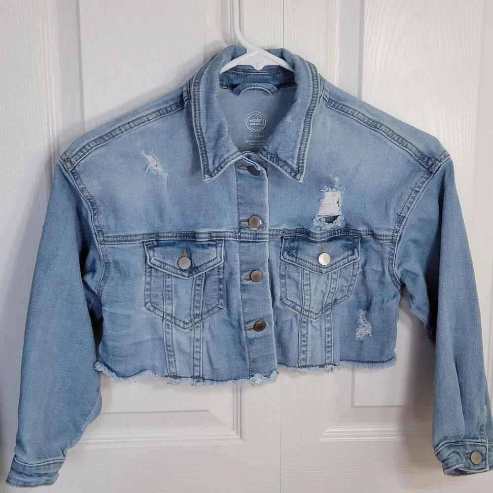Wonder Nation Cropped Raw Hem Denim Jacket Distressed Blue Girls S 6-6X